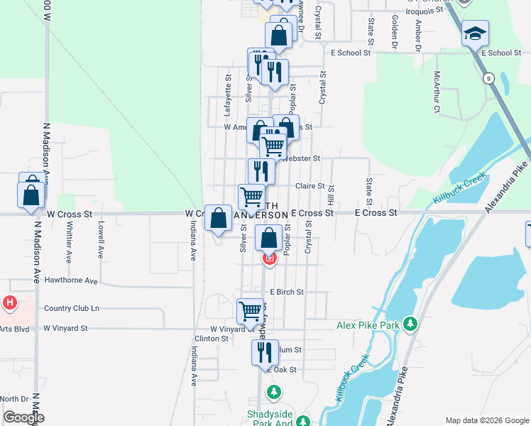 map of restaurants, bars, coffee shops, grocery stores, and more near 915 Jackson Street in Anderson