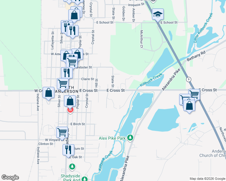 map of restaurants, bars, coffee shops, grocery stores, and more near 403 East Cross Street in Anderson