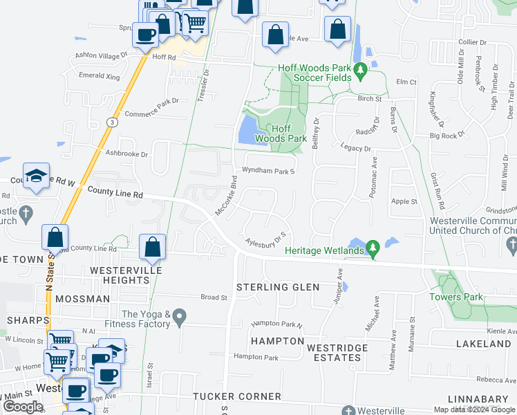 map of restaurants, bars, coffee shops, grocery stores, and more near 334 Windemere Drive in Westerville