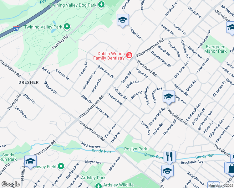 map of restaurants, bars, coffee shops, grocery stores, and more near 2966 Grisdale Road in Abington
