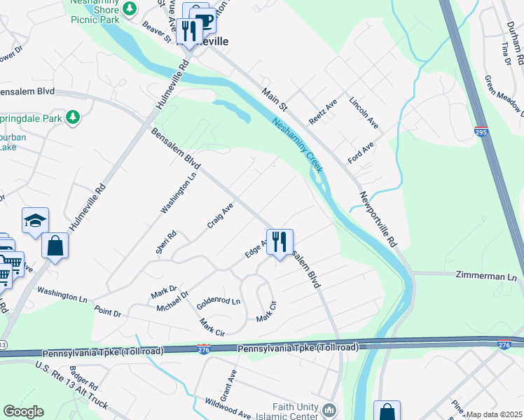 map of restaurants, bars, coffee shops, grocery stores, and more near 6327 Garrett Avenue in Bensalem