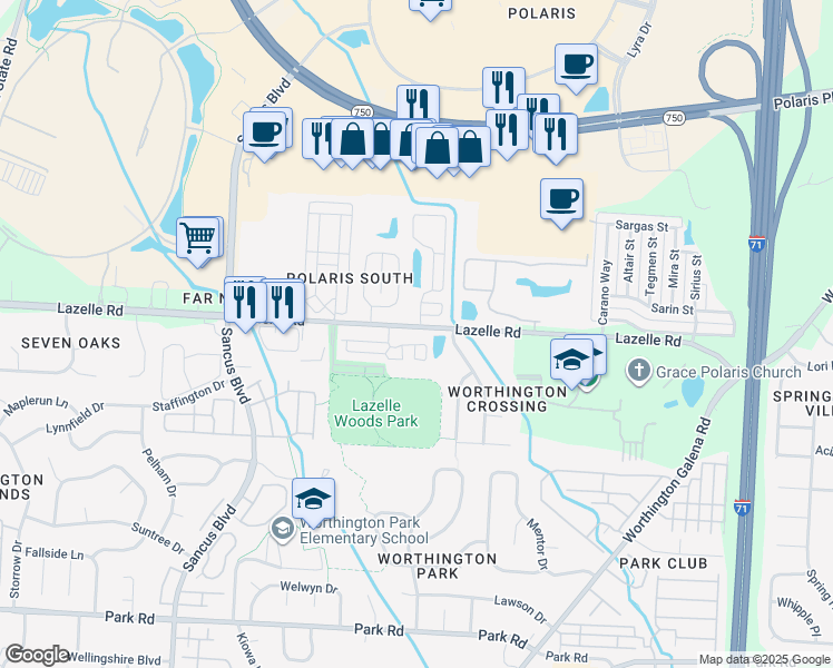 map of restaurants, bars, coffee shops, grocery stores, and more near 707 Lazelle Road in Westerville