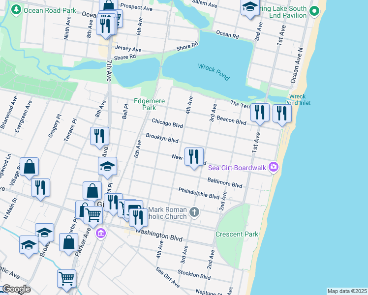 map of restaurants, bars, coffee shops, grocery stores, and more near 322 Brooklyn Boulevard in Sea Girt