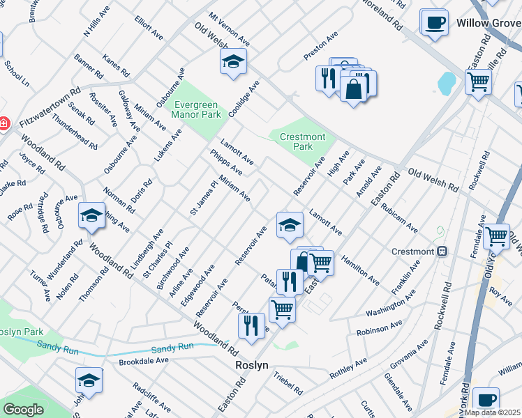 map of restaurants, bars, coffee shops, grocery stores, and more near 1565 Edgewood Avenue in Abington