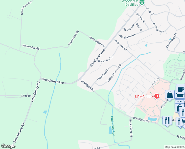 map of restaurants, bars, coffee shops, grocery stores, and more near 11 Oak Wood Lane in Lititz