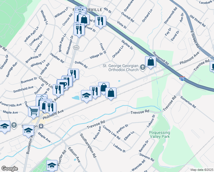 map of restaurants, bars, coffee shops, grocery stores, and more near 10 Dukes Way in Feasterville-Trevose