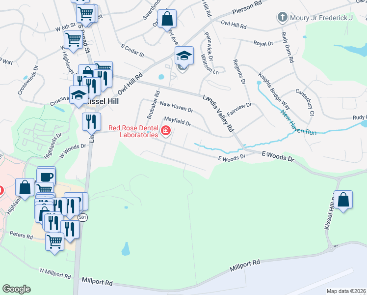 map of restaurants, bars, coffee shops, grocery stores, and more near 105 East Woods Drive in Lititz