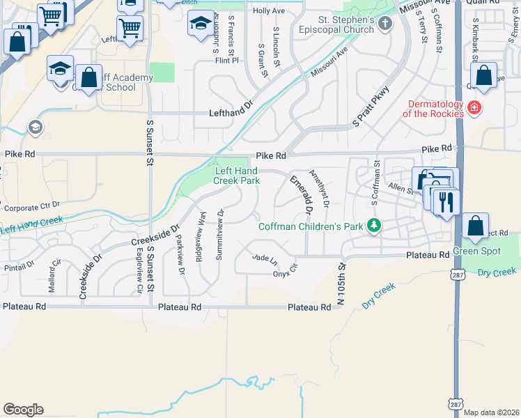map of restaurants, bars, coffee shops, grocery stores, and more near 2001 Diamond Drive in Longmont