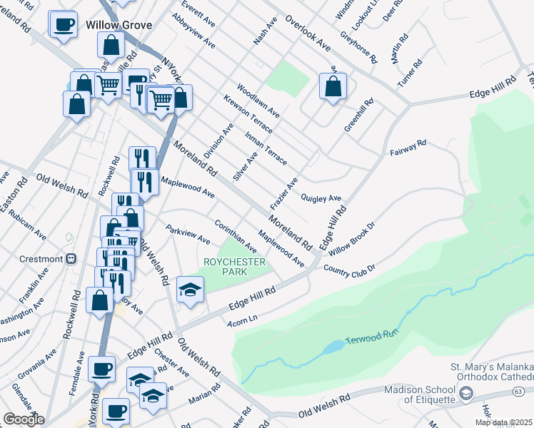 map of restaurants, bars, coffee shops, grocery stores, and more near 501 East Moreland Road in Willow Grove