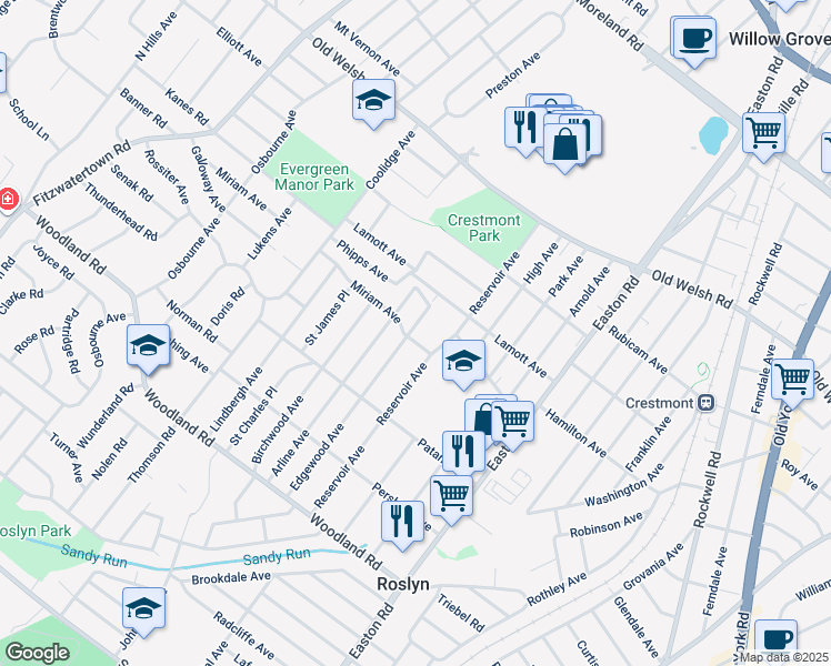 map of restaurants, bars, coffee shops, grocery stores, and more near 1565 Edgewood Avenue in Abington