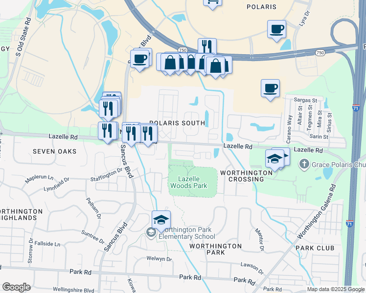 map of restaurants, bars, coffee shops, grocery stores, and more near 649 Lazelle Road in Westerville