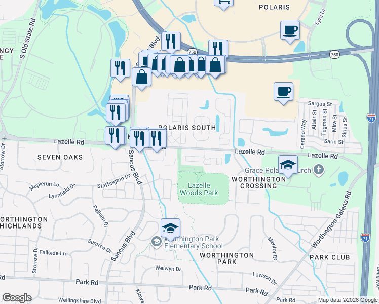 map of restaurants, bars, coffee shops, grocery stores, and more near 579 Lazelle Road in Westerville