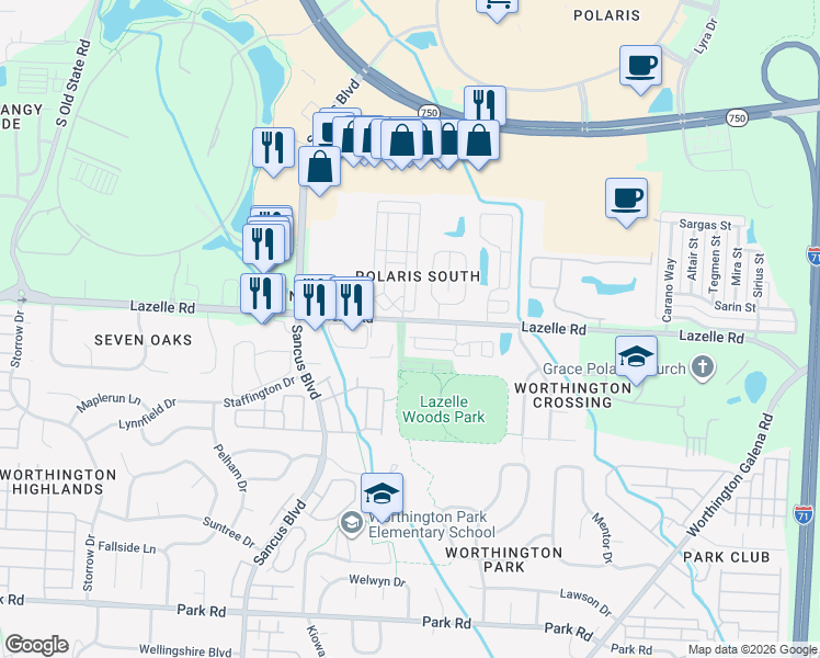 map of restaurants, bars, coffee shops, grocery stores, and more near 579 Lazelle Road in Westerville