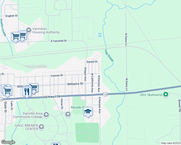 map of restaurants, bars, coffee shops, grocery stores, and more near 201-299 Oregon Avenue in Danville