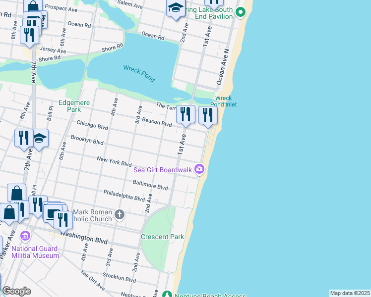 map of restaurants, bars, coffee shops, grocery stores, and more near 100 Chicago Boulevard in Sea Girt