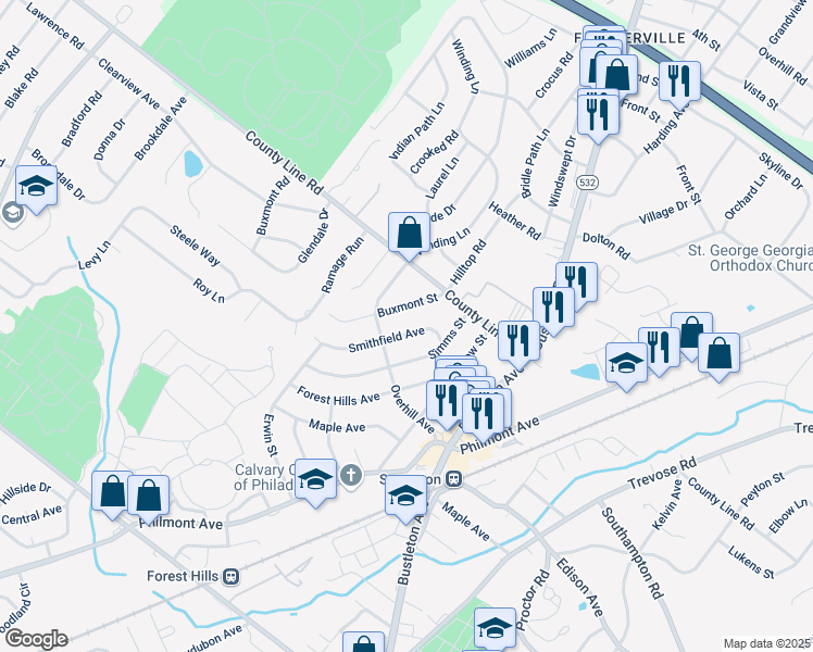 map of restaurants, bars, coffee shops, grocery stores, and more near 511 Smithfield Avenue in Philadelphia