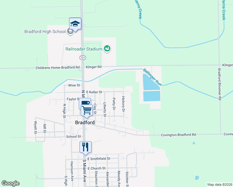 map of restaurants, bars, coffee shops, grocery stores, and more near 604 East Keller Street in Bradford