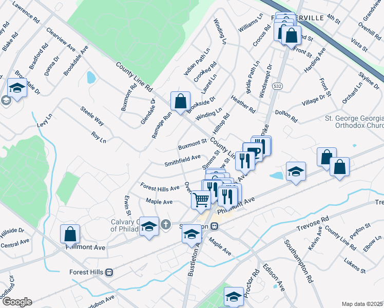map of restaurants, bars, coffee shops, grocery stores, and more near 511 Smithfield Ave in Philadelphia