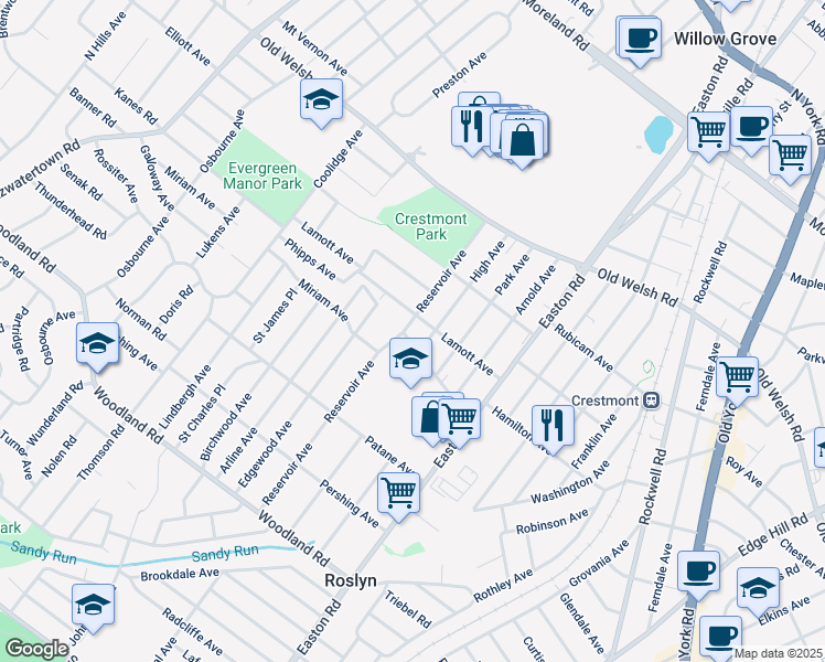 map of restaurants, bars, coffee shops, grocery stores, and more near 1607 Reservoir Avenue in Willow Grove