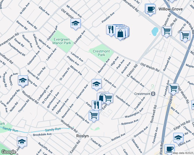 map of restaurants, bars, coffee shops, grocery stores, and more near 1607 Reservoir Avenue in Willow Grove