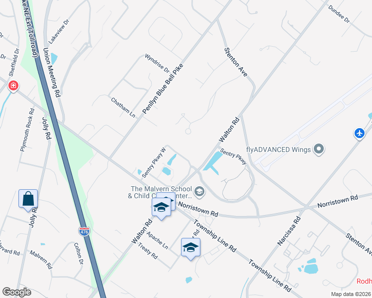 map of restaurants, bars, coffee shops, grocery stores, and more near 1424 Royal Oak Dr in Blue Bell