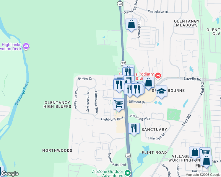 map of restaurants, bars, coffee shops, grocery stores, and more near 70 Liberty Commons Road in Columbus