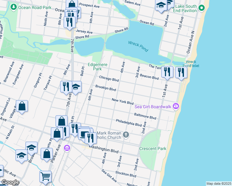 map of restaurants, bars, coffee shops, grocery stores, and more near 322 Brooklyn Boulevard in Sea Girt