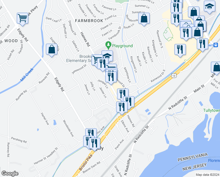 map of restaurants, bars, coffee shops, grocery stores, and more near 36 Jonquil Lane in Levittown