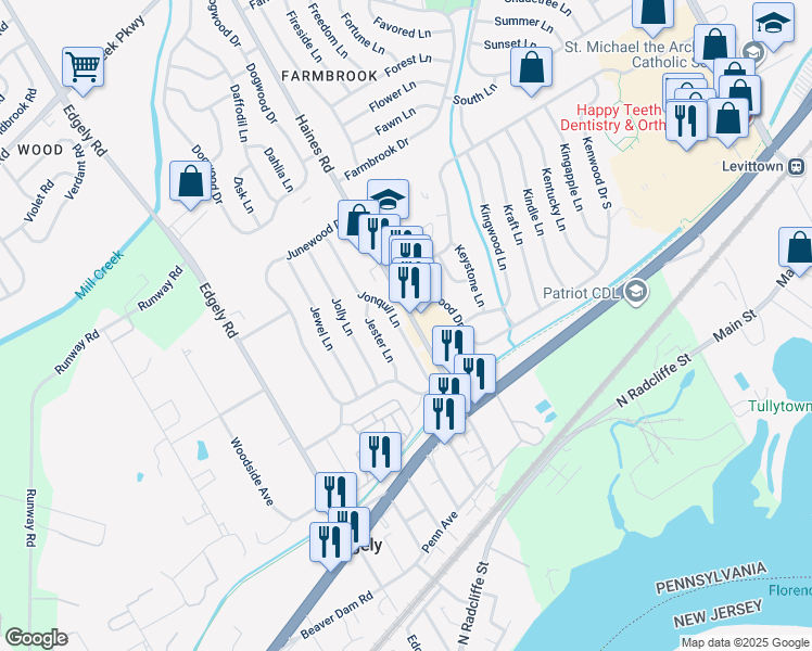 map of restaurants, bars, coffee shops, grocery stores, and more near 36 Jonquil Lane in Levittown