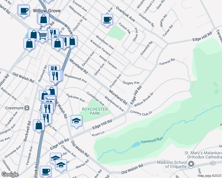 map of restaurants, bars, coffee shops, grocery stores, and more near 501 East Moreland Road in Willow Grove