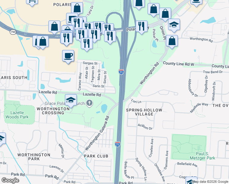 map of restaurants, bars, coffee shops, grocery stores, and more near 1628 Electra Street in Columbus