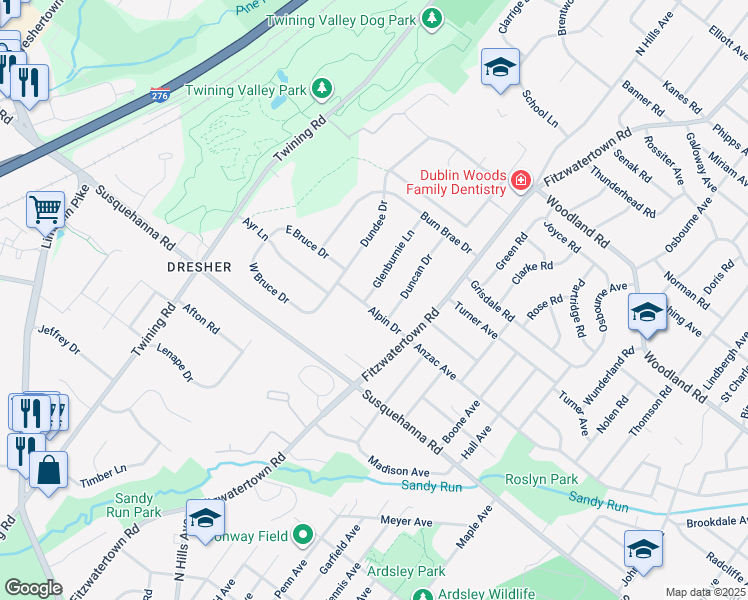 map of restaurants, bars, coffee shops, grocery stores, and more near 1203 Glenburnie Lane in Dresher