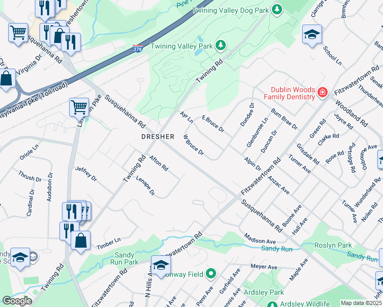 map of restaurants, bars, coffee shops, grocery stores, and more near 3224 West Bruce Drive in Dresher