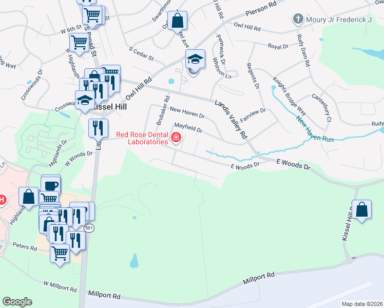 map of restaurants, bars, coffee shops, grocery stores, and more near 105 East Woods Drive in Lititz