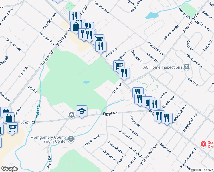 map of restaurants, bars, coffee shops, grocery stores, and more near 39 School Lane in Norristown