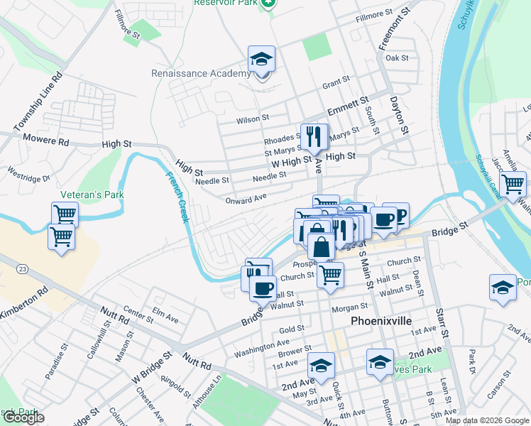 map of restaurants, bars, coffee shops, grocery stores, and more near 518 Onward Avenue in Phoenixville