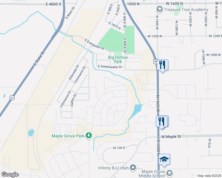 map of restaurants, bars, coffee shops, grocery stores, and more near 2177 Fortune Lane in Springville