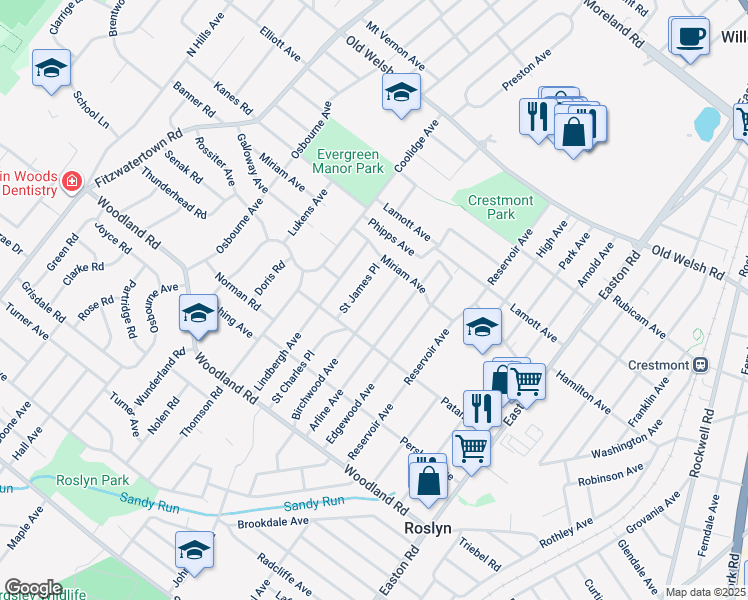 map of restaurants, bars, coffee shops, grocery stores, and more near 1534 Birchwood Avenue in Roslyn