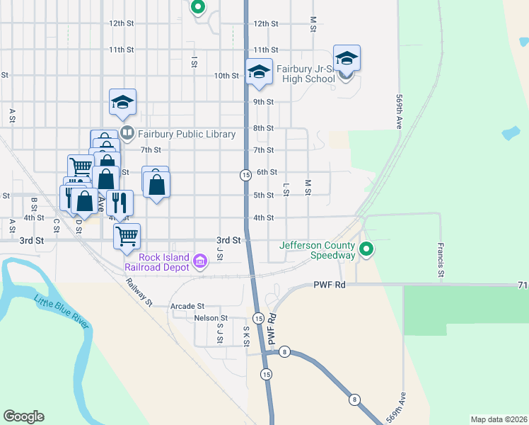 map of restaurants, bars, coffee shops, grocery stores, and more near 1121 4th Street in Fairbury