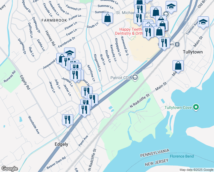 map of restaurants, bars, coffee shops, grocery stores, and more near 86 Kenwood Drive South in Levittown