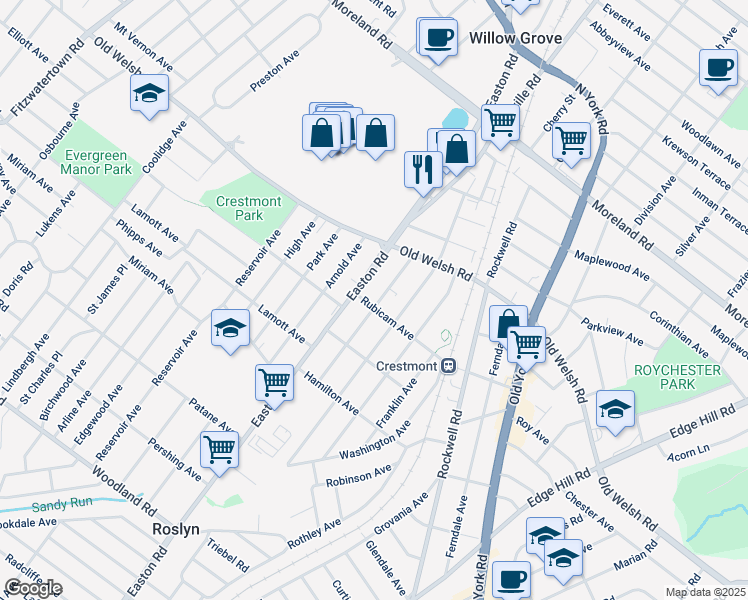 map of restaurants, bars, coffee shops, grocery stores, and more near 2343 Rubicam Avenue in Willow Grove