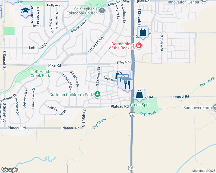 map of restaurants, bars, coffee shops, grocery stores, and more near 843 Tempted Ways Drive in Longmont