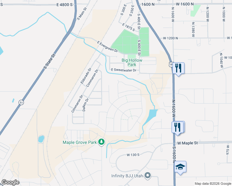 map of restaurants, bars, coffee shops, grocery stores, and more near East 2475 South in Springville