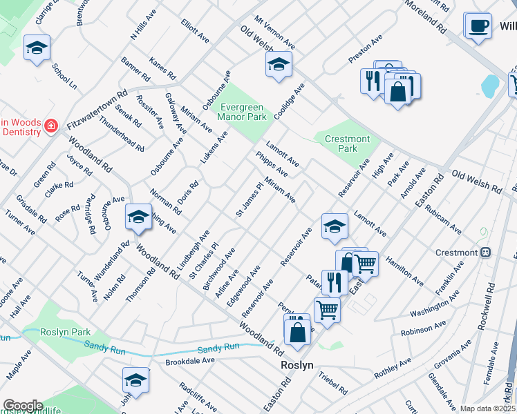 map of restaurants, bars, coffee shops, grocery stores, and more near 1534 Birchwood Avenue in Roslyn