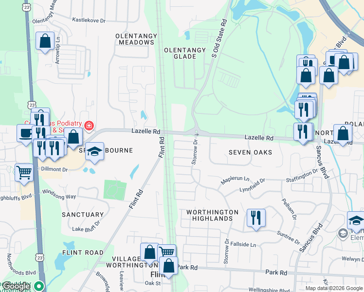 map of restaurants, bars, coffee shops, grocery stores, and more near 531 Ramonford Court in Westerville