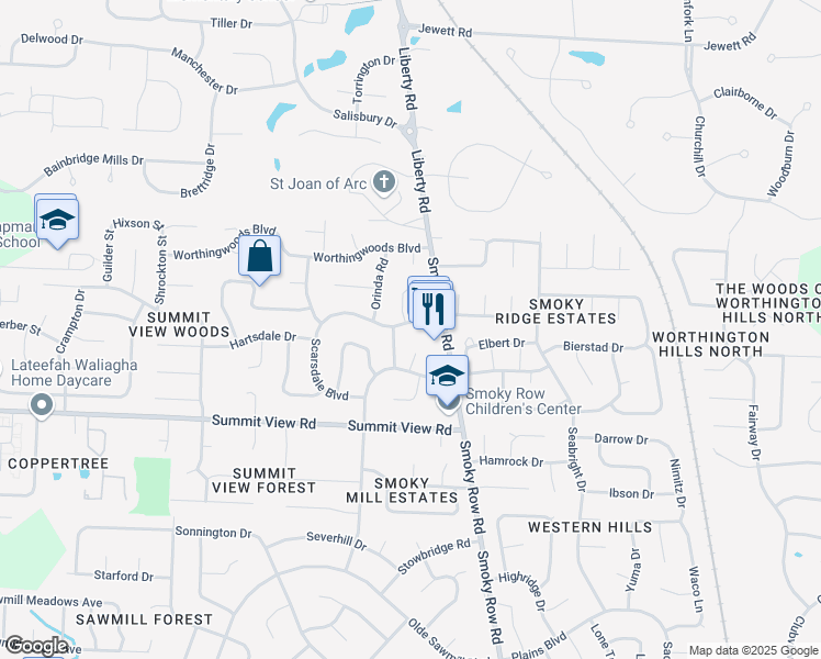 map of restaurants, bars, coffee shops, grocery stores, and more near 8760 Winooski Street in Powell