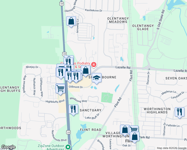map of restaurants, bars, coffee shops, grocery stores, and more near 175 Dillmont Drive in Columbus