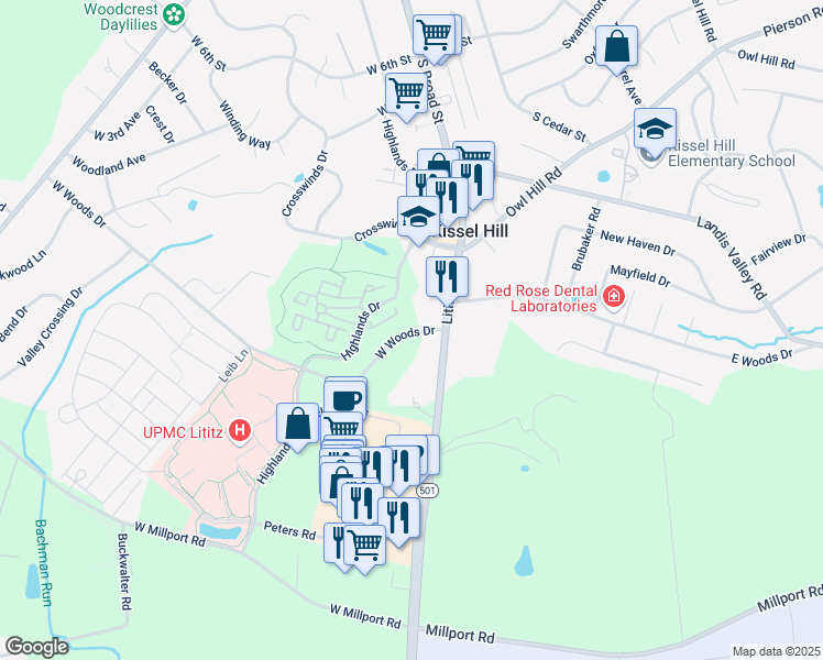 map of restaurants, bars, coffee shops, grocery stores, and more near 3 W Woods Dr in Lititz