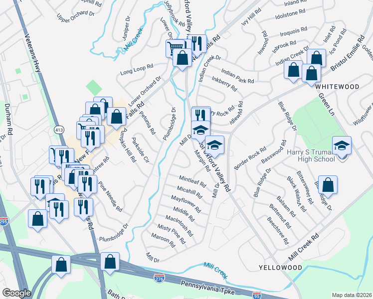 map of restaurants, bars, coffee shops, grocery stores, and more near 294 Mill Drive in Levittown