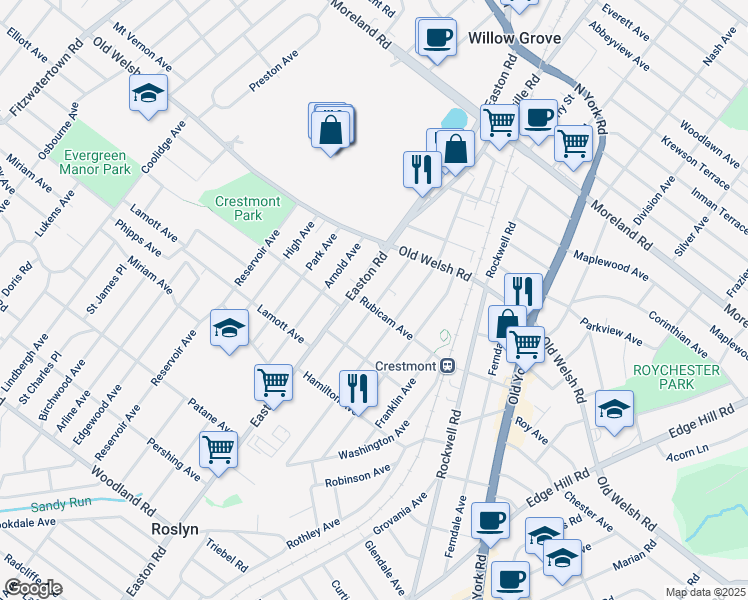 map of restaurants, bars, coffee shops, grocery stores, and more near 2343 Rubicam Avenue in Willow Grove